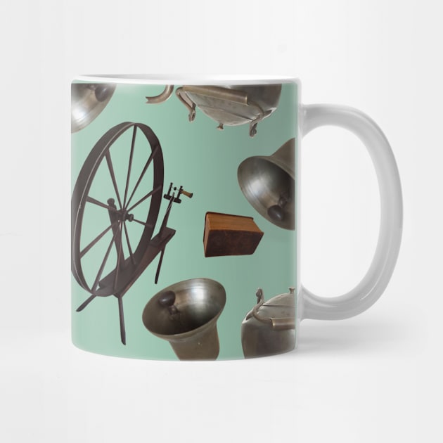 Bells, Books, Spinning Wheels and Kettles on Green by ArtticArlo